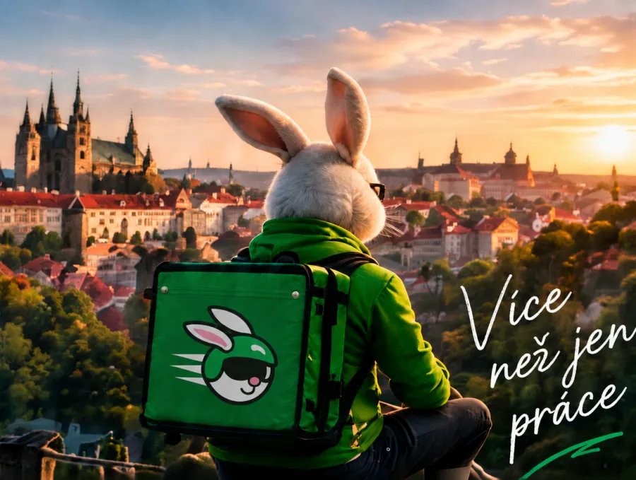 Kurýr flotily Bani s taškou Bolt Food při západu slunce nad Prahou